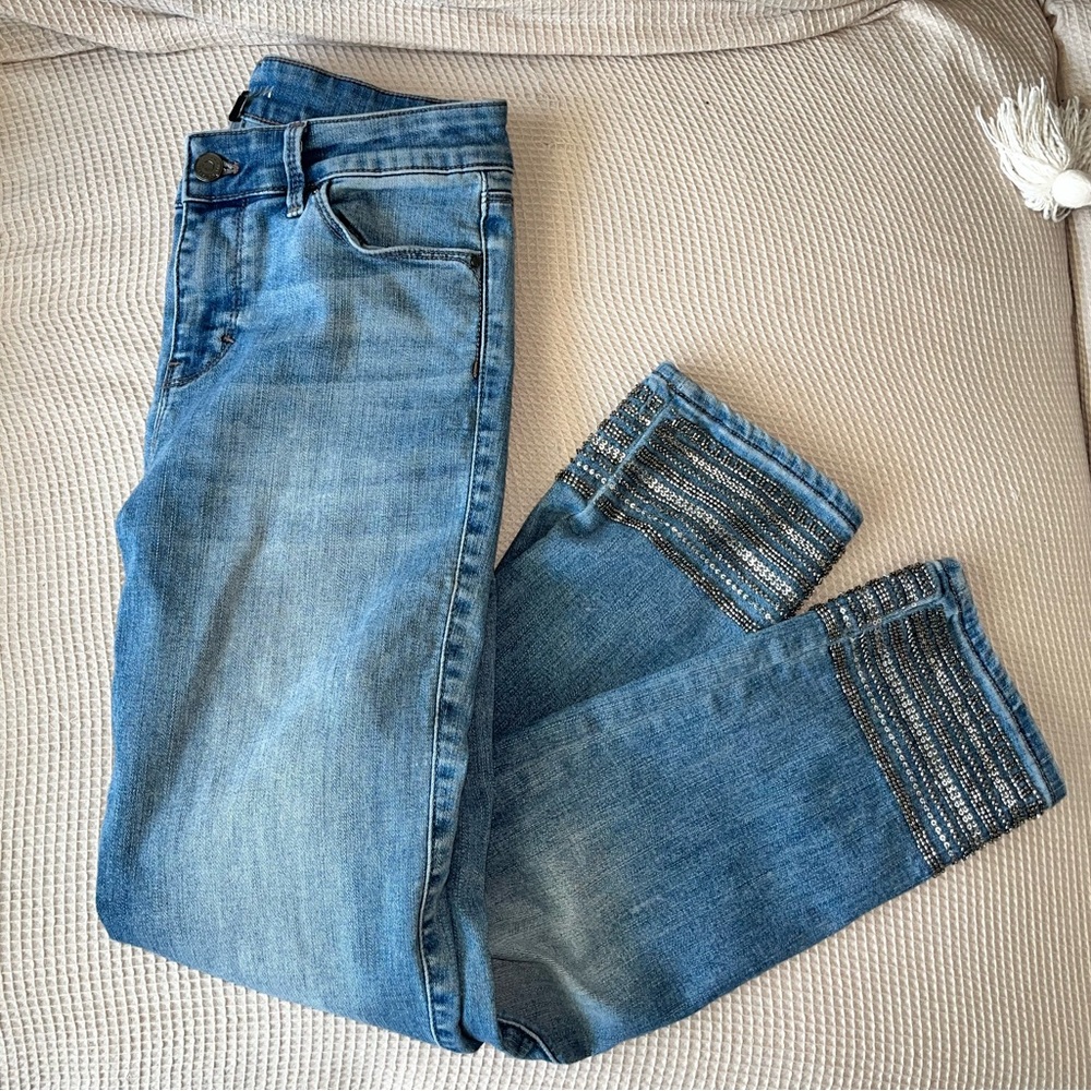 White House Black Market Beaded Hem Slim Crop Jeans Size 0